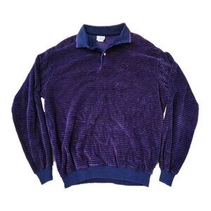 Vintage 70s 80s Velour Sweater Mens Size M Striped Long Sleeve Grandpa Pullover